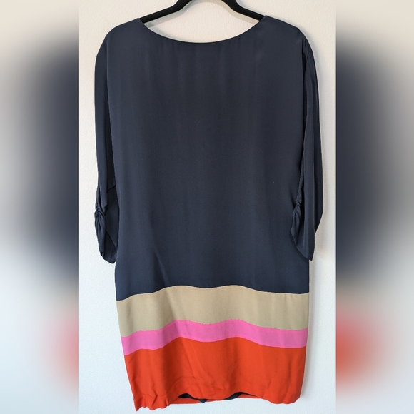 Eliza J NEW  100 % Silk Colorblock Crepe De Chine Navy Dress Belt Sz10 Knee Leng - Picture 10 of 13